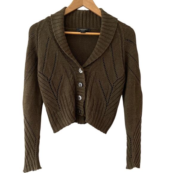 Weekend Max Mara Olive Green Mary‎ Jane Wool Blend Pintuck Cardigan Size Small - Picture 1 of 11